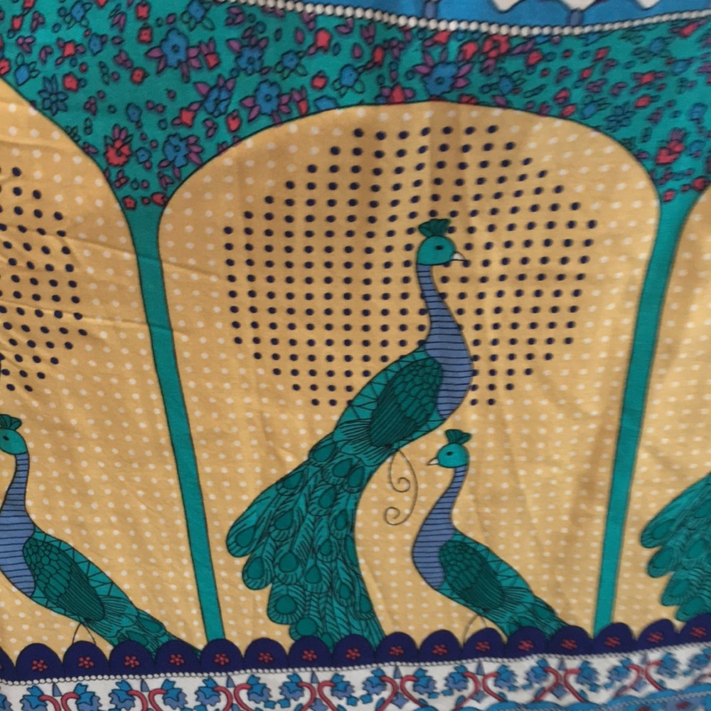 ANTHROPOLOGIE NWOT Boho PEACOCK PRINT TASSEL TIE FRONT SWING DRESS SZ SM